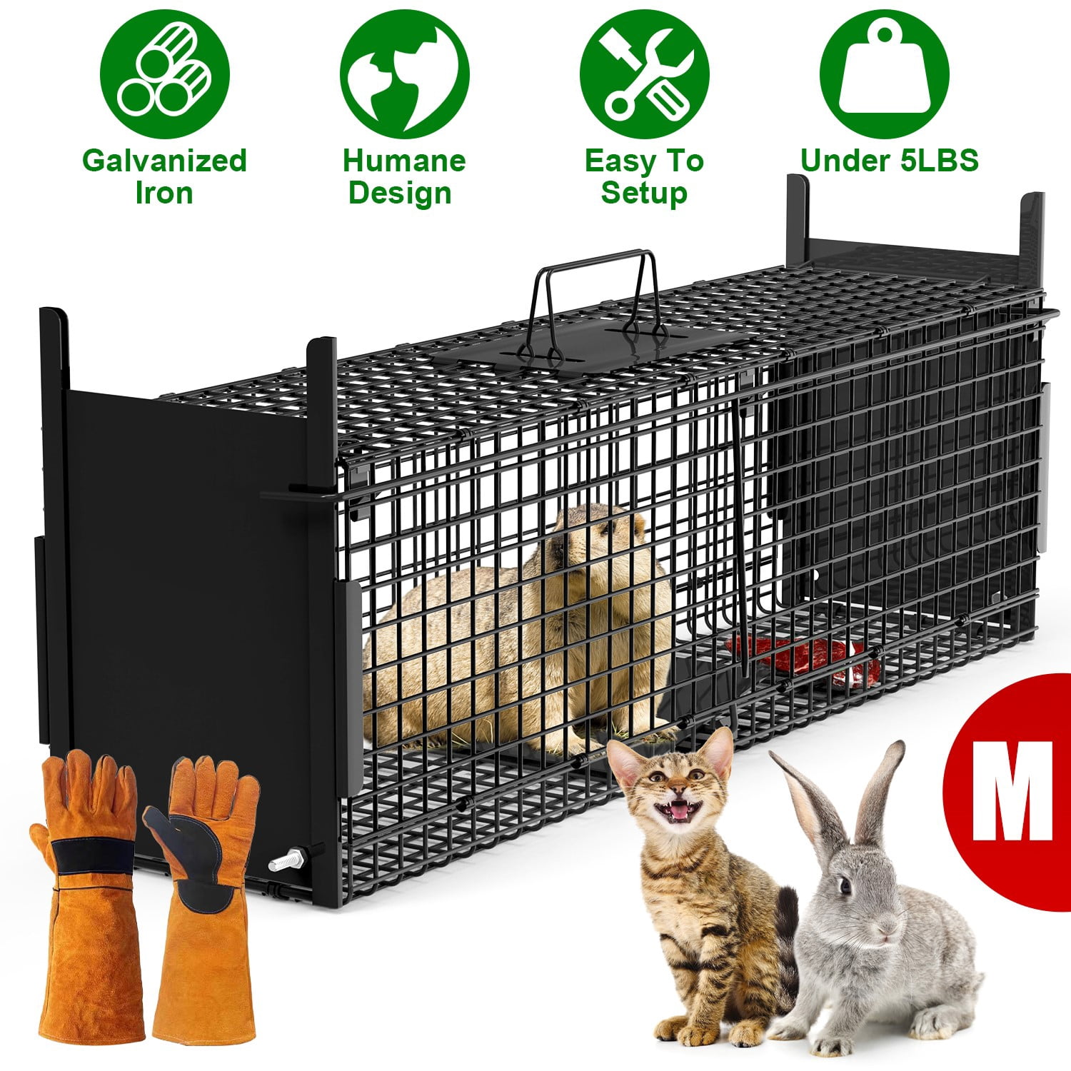 zorpupoa 32in 2 Door Humane Live Animal Trap Cage Galvanized Iron Easy Setup Catch & Release for Raccoons Squirrels Rabbits Under 12 lbs for Outdoor Yard Garden