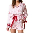 thumbnail image 2 of Wancir Women Christmas 2 Piece Pajamas Set Bow Tie Button Long Sleeve Shirts Ruffle Shorts Cute Pjs Sets Sleepwear, 2 of 7