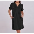 thumbnail image 4 of Robes Mini d'Été pour Femmes Manches Courtes Bouffantes Décontractées Col en V Printemps Plissé T-Shirt Tunique Plage Robe Courte Noire P, 4 of 6