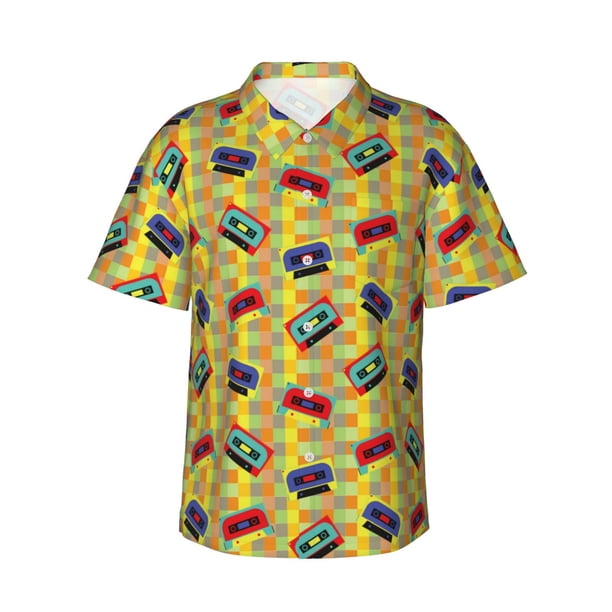 Fotbe 90s Audio Tape Camisa Hawaiana para Hombre Unisex – Camisa Casual de Verano con Botones de Manga Corta de Algodón y Lino,Medium