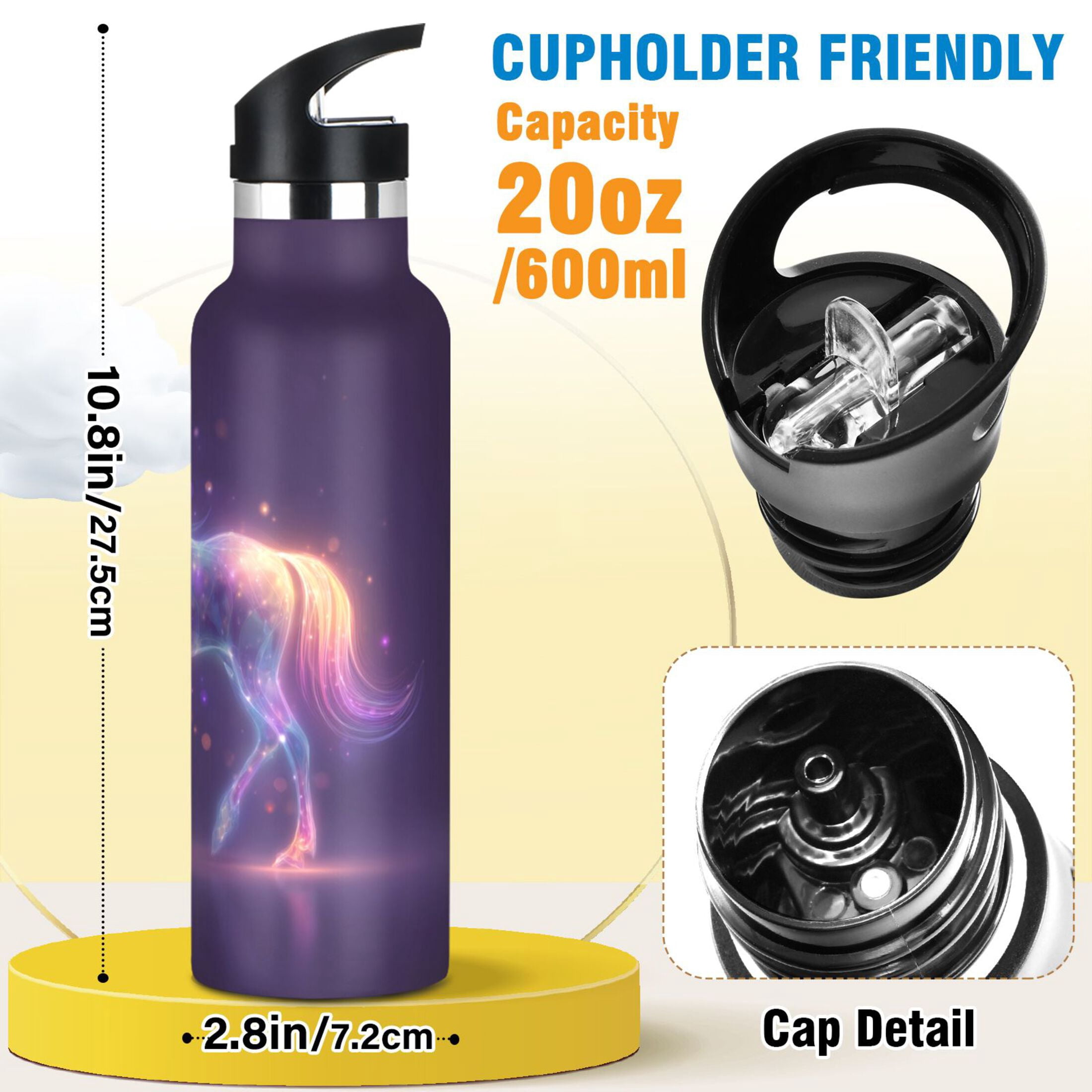 Kids Insulated Stainless Steel Sports Water Bottle 600ml (20oz) Glowing Unicorn