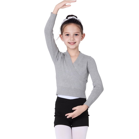 dazeni Girls Knit Wrap Crop Tops 5-15 Years Soft V Neck Long Sleeve Cropped Sweater Trendy Stretchy Dance Workout Tee Blouse Shirts