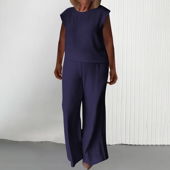 Matching Sets For Women Summer Fashion Clothing Loose Casual Solid Color Sleeveless Round-Neck Blouse Shorts Spring/Summer Matching Outfits 2026 — Navy∣2XL