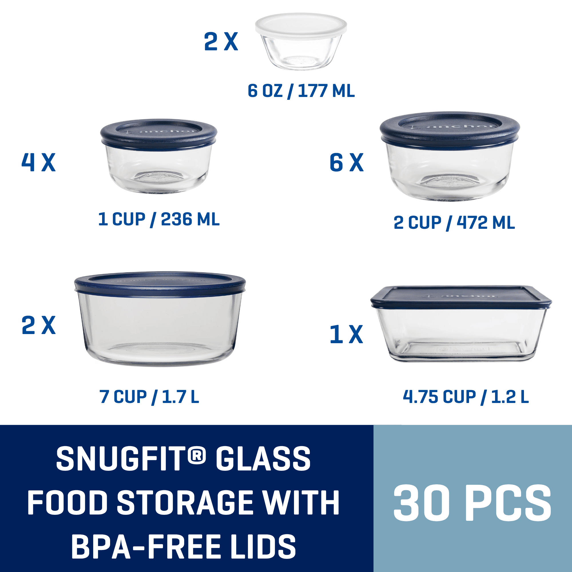 Anchor Hocking Clear Glass Food Storage,30 Piece Set with Navy Lids