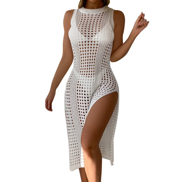 FhsagQ Cover Up for Women Bikini 2023 Beach Bikini Cover Up Crochet Knit Mesh Cover Up Swimsuit Beach Cover Up Dress Women Knitted Woman Beach Wear White One Size