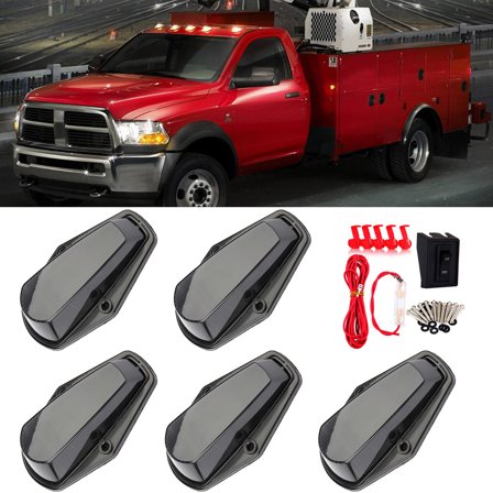 cciyu 5x Smoke Lens Cab Roof Marker Running Light Assembly Wire Pack Amber LED Lights For 1984-1996 F150/ 1984-1997 F250 F350 Super Duty Pickup Trucks Super Duty Truck Cab Roof Clearance Lights