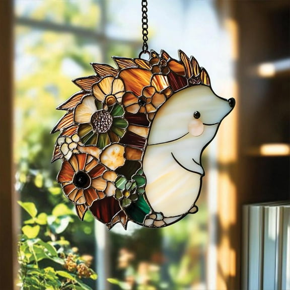 Hedgehog Lover Faux Stained Glass Suncatcher, Nature-Inspired Window Hanging Ornament, Ideal Birthday or Christmas Gift for Her