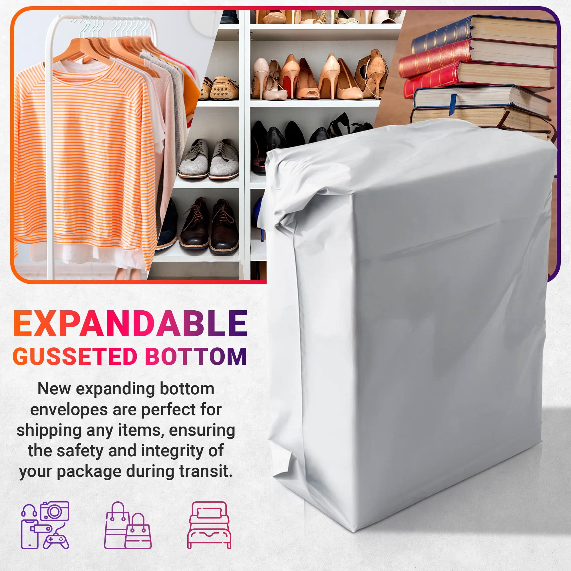 White Gusseted Poly Mailers, Expansion Shipping Envelopes, 100 Count, 13 x 16 x 4 in