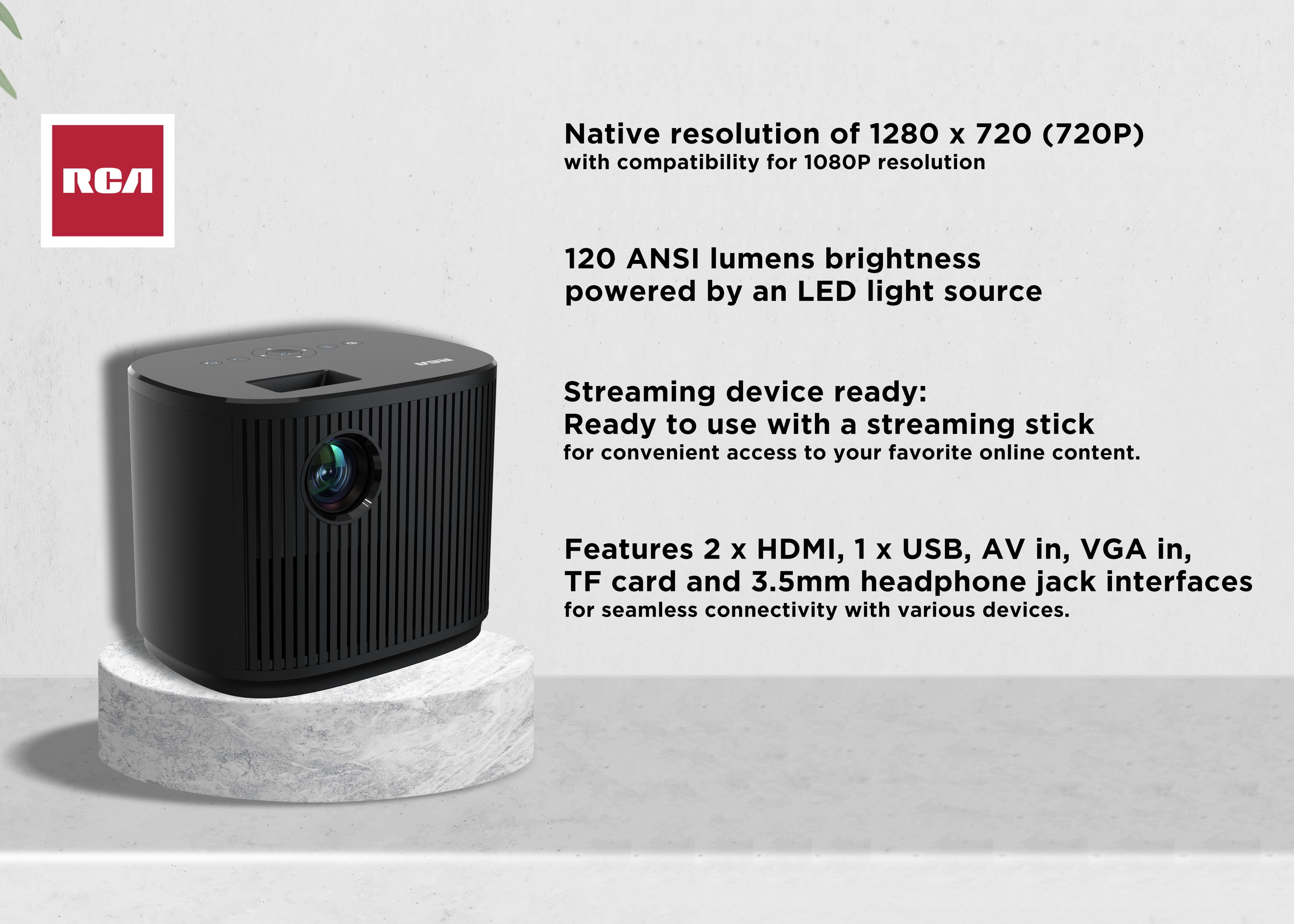 RCA Home Theater Projector RPJ181, 720P, Aspect Ratio 16:9/4:3, 120 ANSI Lumens