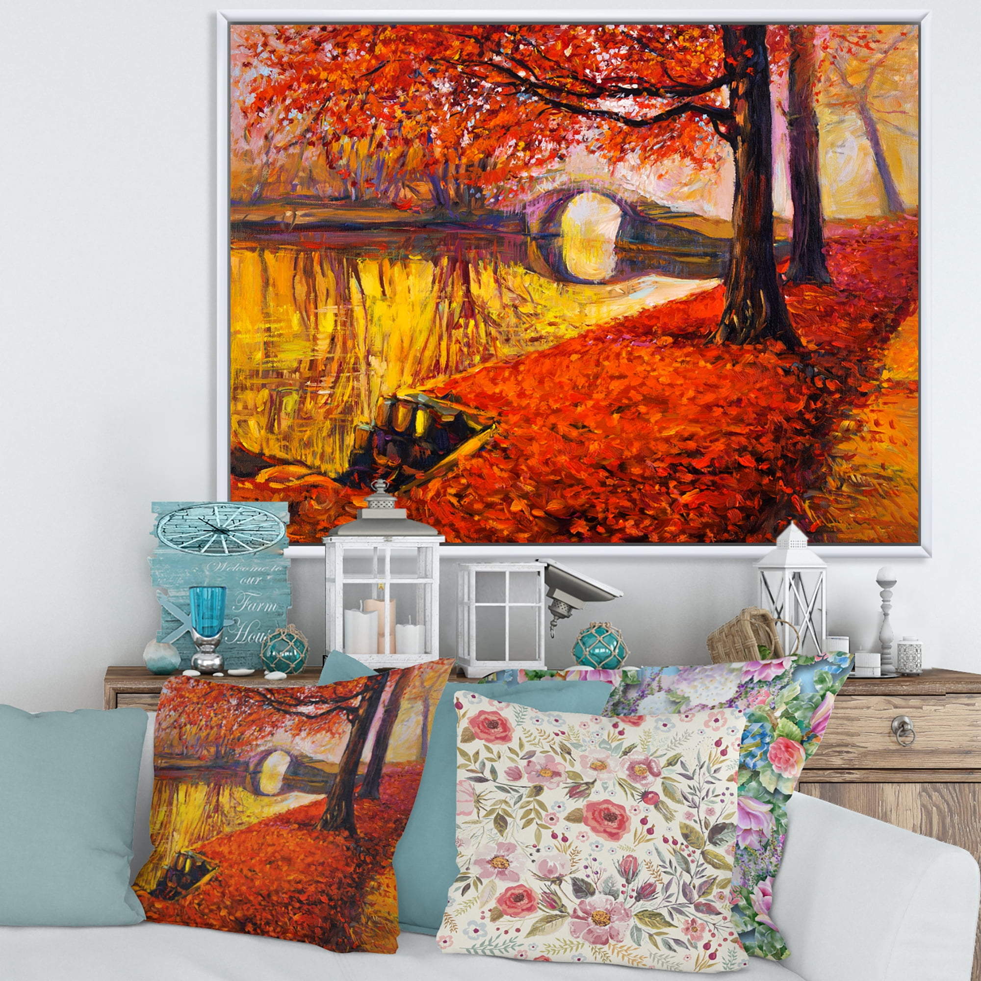 Designart 'Little Bridge In Deep Orange Autumn Landscape I' Traditional Framed Canvas Wall Art Print