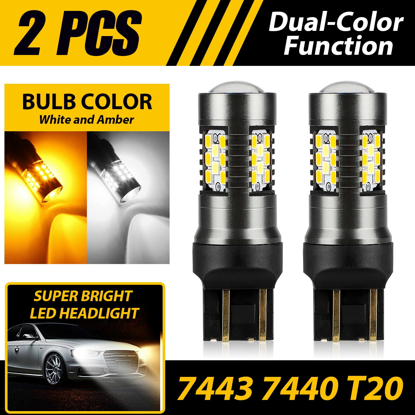 2X 7444 7443 Switchback LED Bulb White & Amber Dual Color Turn Signal