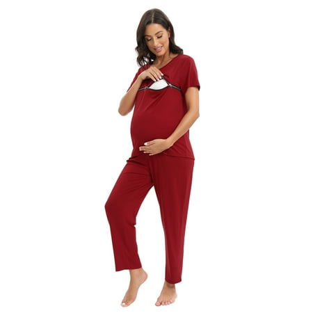 

WBQ Women s Maternity Nursing Pajamas Set Zipper Breastfeeding Sleepwear Set Soft Short Sleeve Tops Pants 2 Piece Pregnancy Postpartum Pjs Set S-3XL