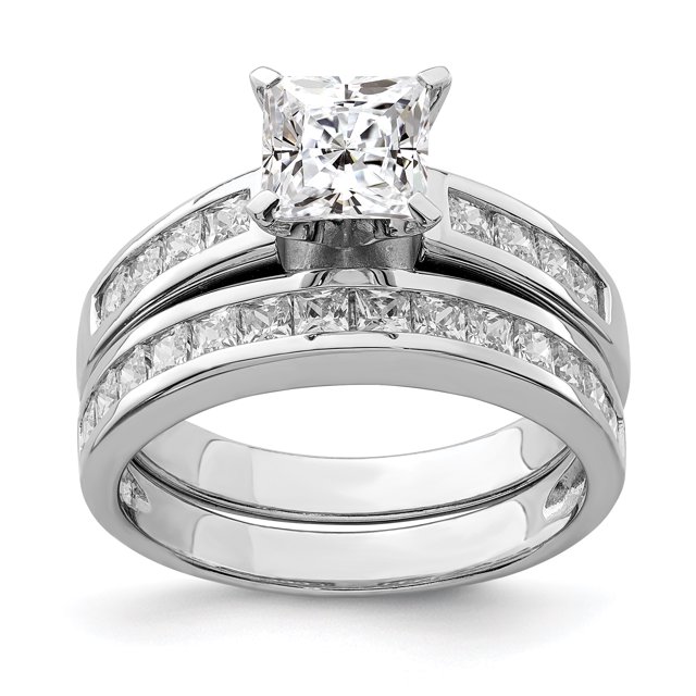 925 Sterling Silver Rhodium-plated 2-Piece Cubic Zirconia Size 8 Wedding Set Ring designed for women's bridal jewelry. The set features a square-cut synthetic white cubic zirconia center stone and a matching band, both plated in silver tone for a polished finish. Ideal as a wedding or engagement ring set.
