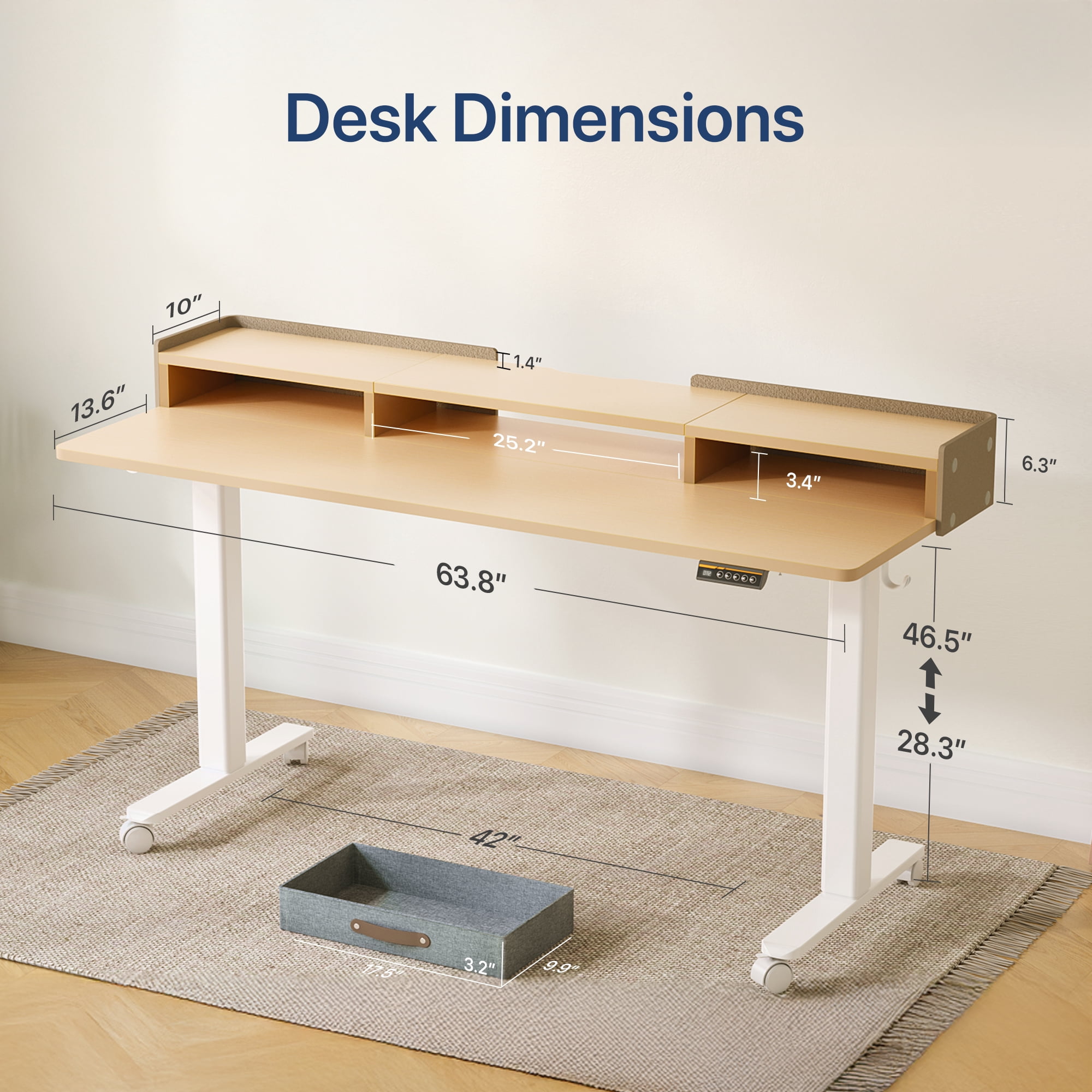 INNOVAR Large Standing Desk with 2 Drawers, 63 inch Adjustable Height Stand up Electric Rising Work Desk with Storage Shelf and 4 Wheels, Natural Wood Sit to Stand Computer Desk