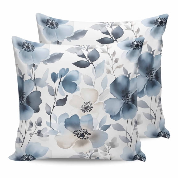 14x14 Pillow Covers Set of 2, Blue Spring Floral Throw Pillow Covers Decorative Couch Cushion Case, Watercolor Summer Flowers Abstract Microfiber Square Pillowcases for Bedroom Car Living Room