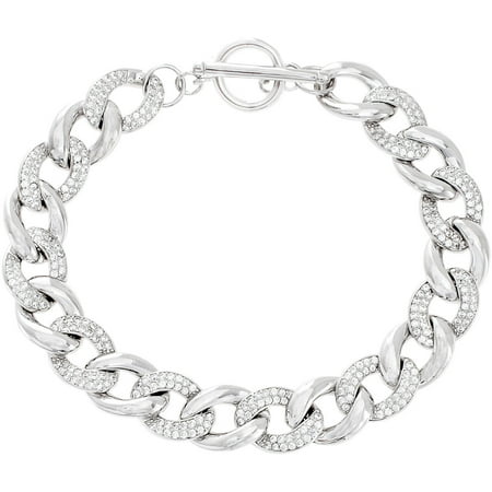 Lesa Michele Cubic Zirconia Sterling Silver Pave Curb Chain Bracelet in Sterling Silver