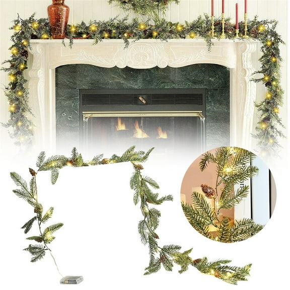 Rustic Pre-Lit Christmas Garland with 20 LED Lights, Bendable Green Garland for Fireplace, Door, Porch, Mantel & Holiday Decoration