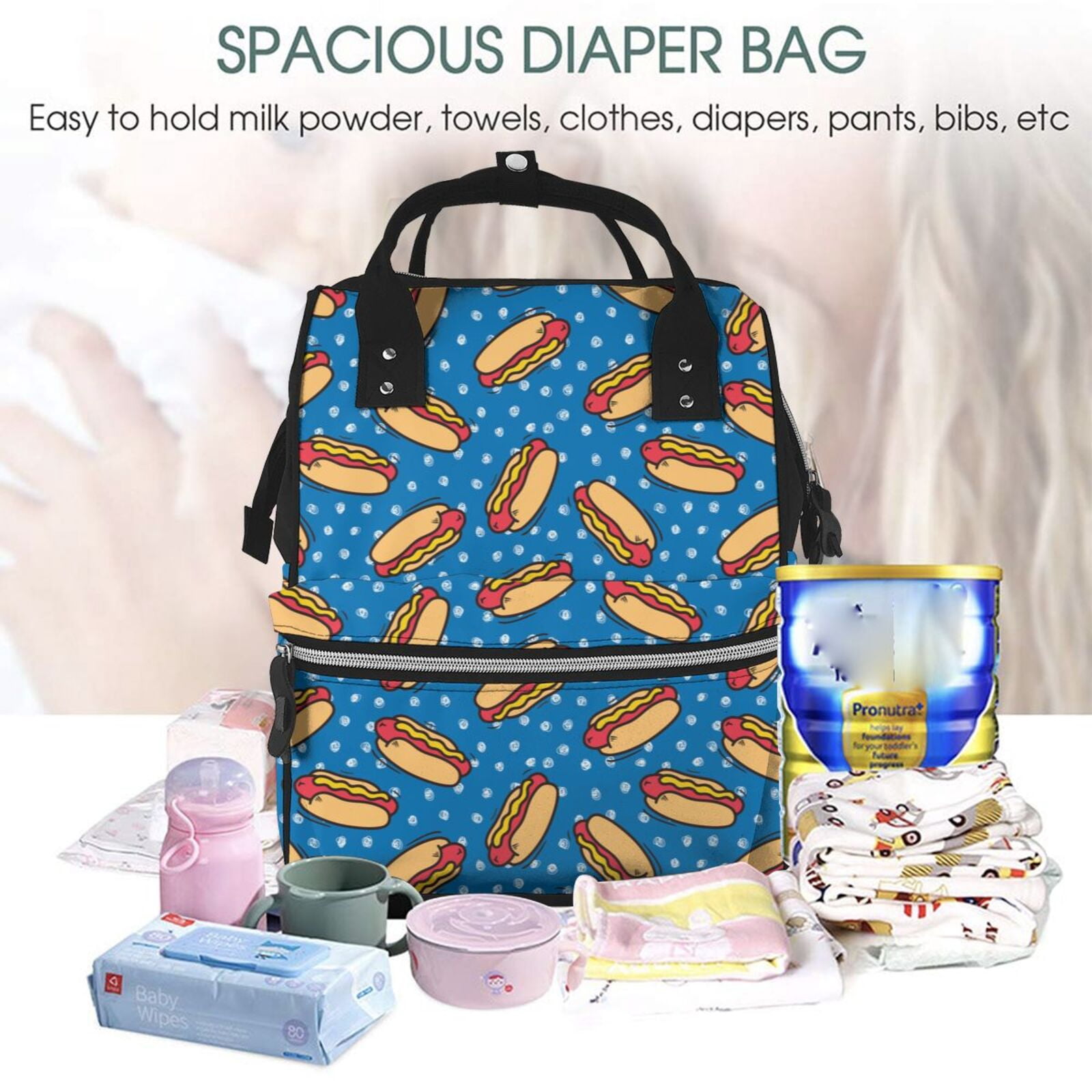 Ratiio Hot Dog 1 Mummy Backpack - Waterproof Twill Canvas, Large Capacity Diaper Bag with Multiple Pockets and Adjustable Straps