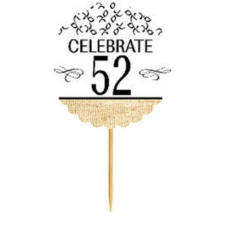 

52nd Birthday / Anniversary Novelty Burlap Cupcake Decoration Picks -12pack