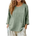thumbnail image 4 of Loose Fit Women's Linen-Cotton Tops Round Neck 3/4 Sleeve Side Pocket Blouses Lightweight Breathable Spring Summer Casual Daily Wear, 4 of 7