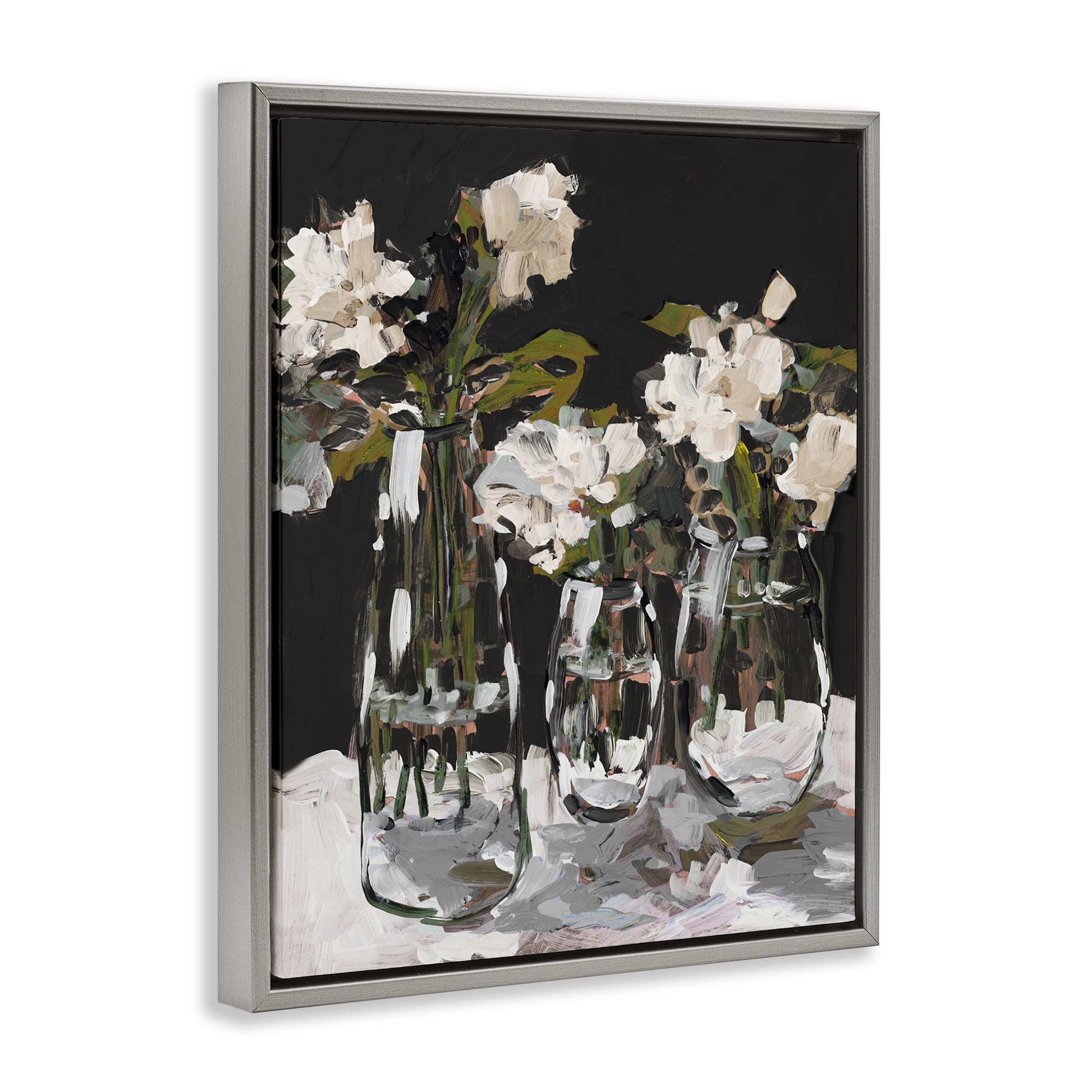 Stupell Industries Three Flower Vases on Black Gray Framed Floater Canvas Wall Art, design by Jane Slivka