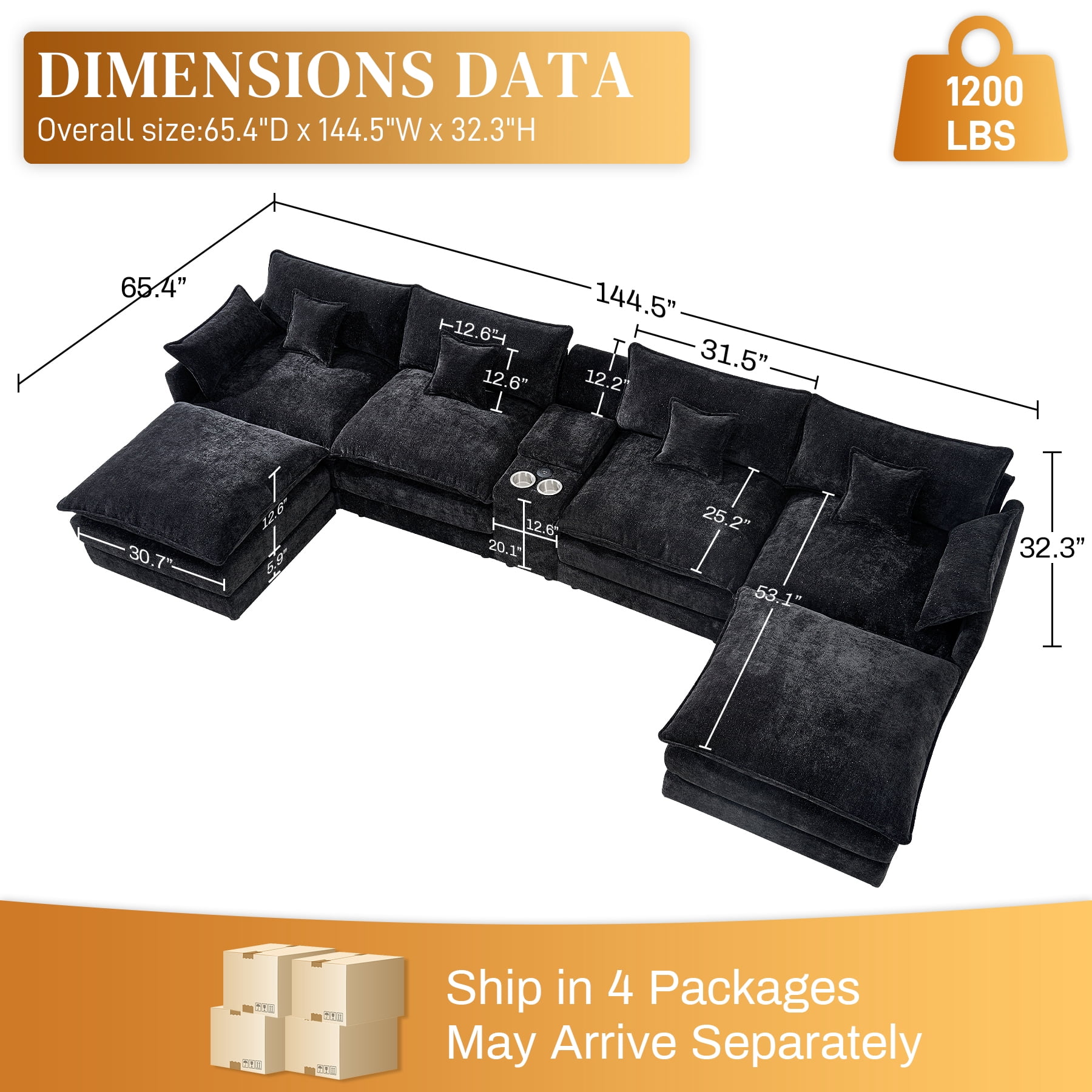 ShiKeyi Oversided 145" U Shaped Cloud Couch Sectional, DeepSeat Sofa Bed with USB Charging, Hidden Storage, Cup Holders & Chenille Double Chaise, Black