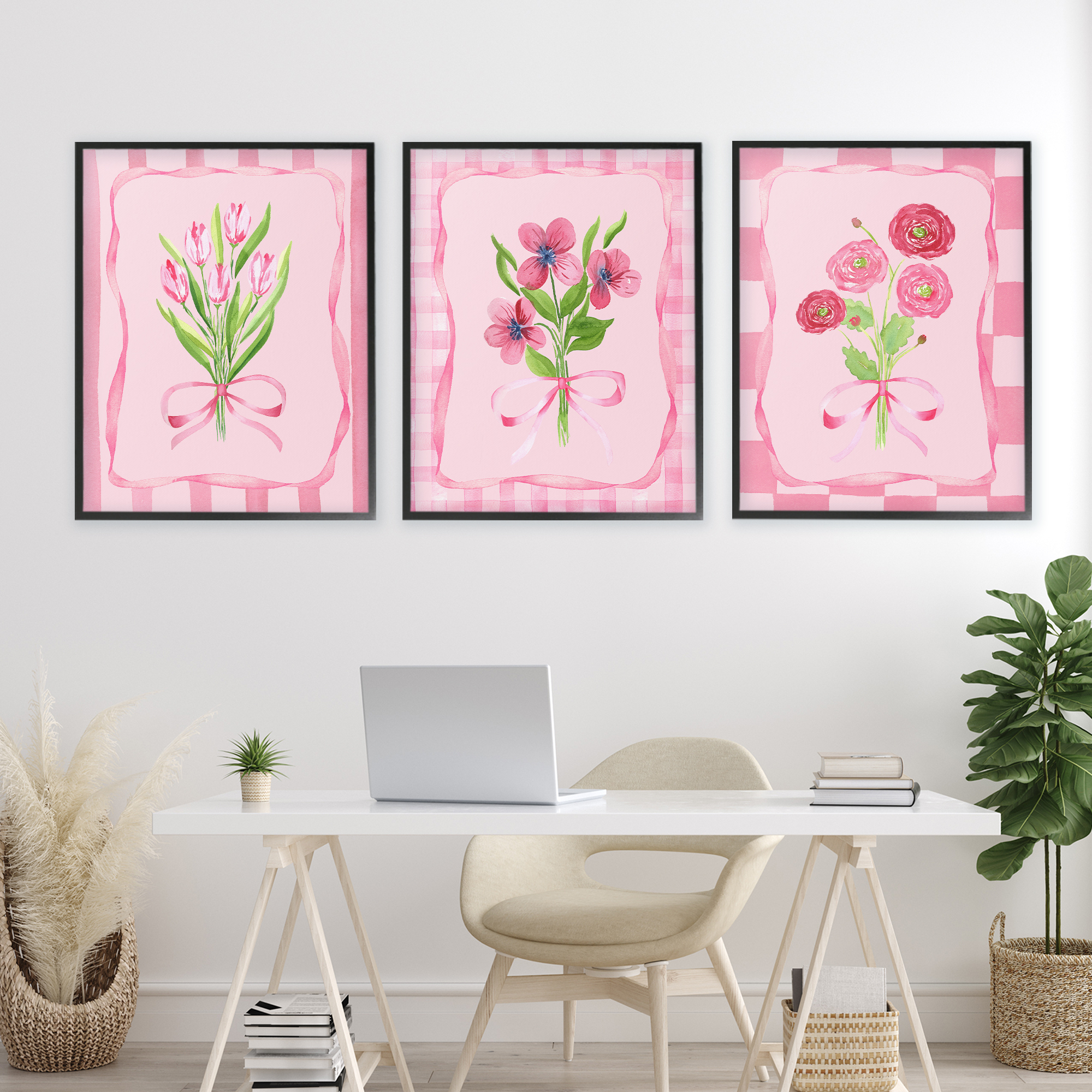 Pretty & Sweet Bordered Flowers 3 Piece Black Framed Giclee Art Set, design by Nina Jacobs