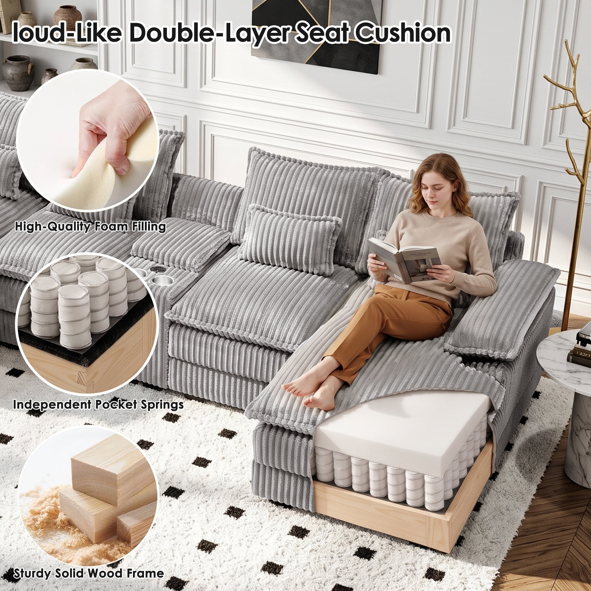 Wakefit 125" U Shaped Sectional Couch, Oversized Modular Sectional Sofa, 5 Seater Corduroy Cloud Couch with Hidden Storage, USB Ports & Cup Holders for Living Room, Light Gray