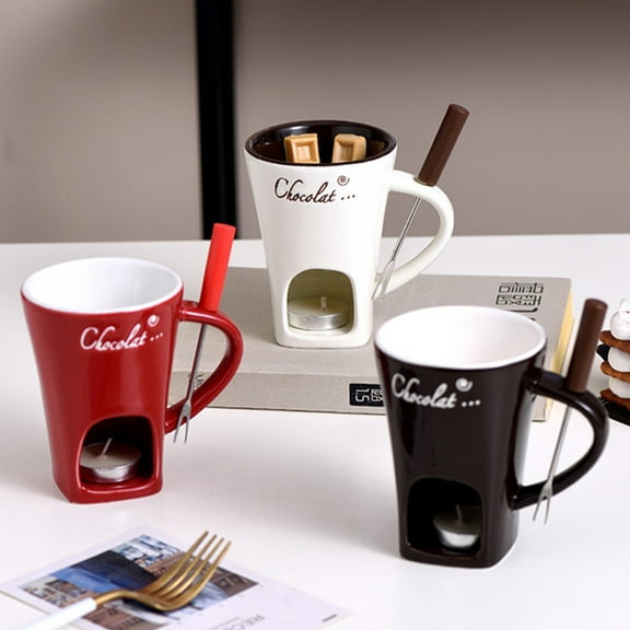 sunsanly Chocolate Fondue Mug 130ml Ceramic Chocolate Fondue Coffee Cup with Forks Melting Mugs for Chocolate Cheese Butter Easy to Clean Versatile Melting Cup
