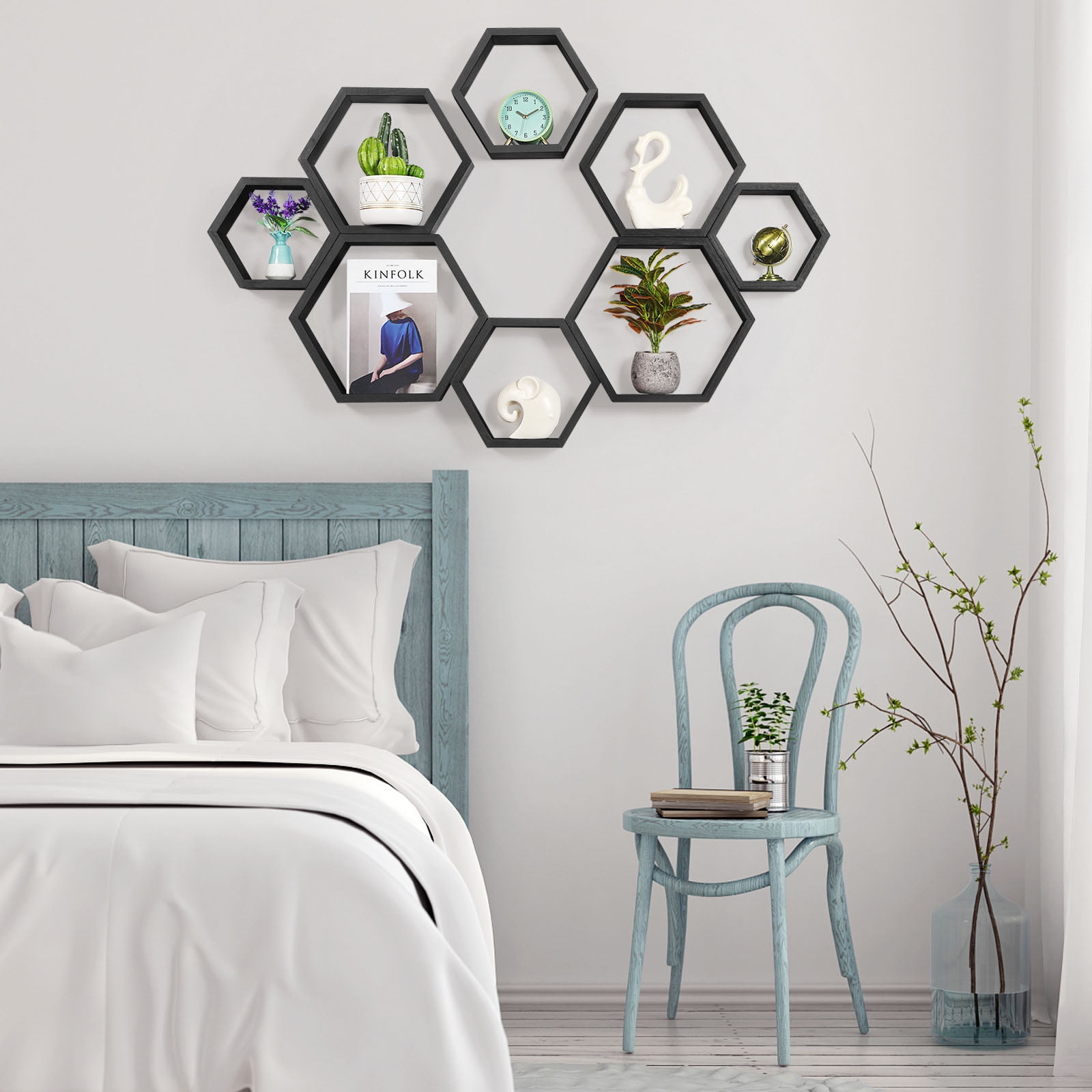 Hexagon Floating Shelves Set of 8 Honeycomb Shelves for Wall, Black