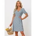thumbnail image 2 of Unique Bargains Women's 2024 Floral Boho Dress Wrap V Neck A-Line Flowy Midi Dress M Light Blue, 2 of 6