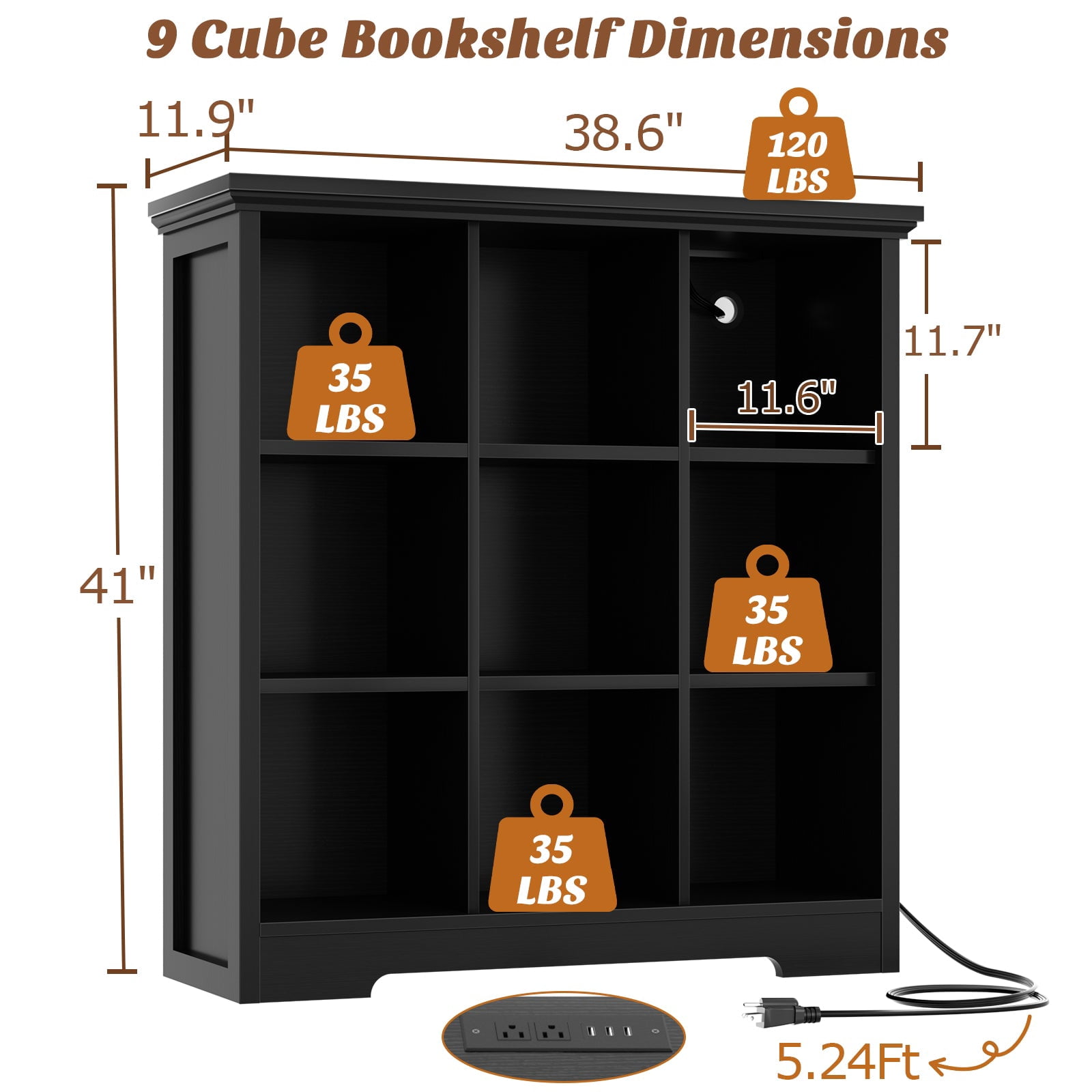 Homieasy 9 Cube Storage Organizer with Charging Station, 41'' Tall Wooden Cube Bookcase for Living Room, Bedroom, Black