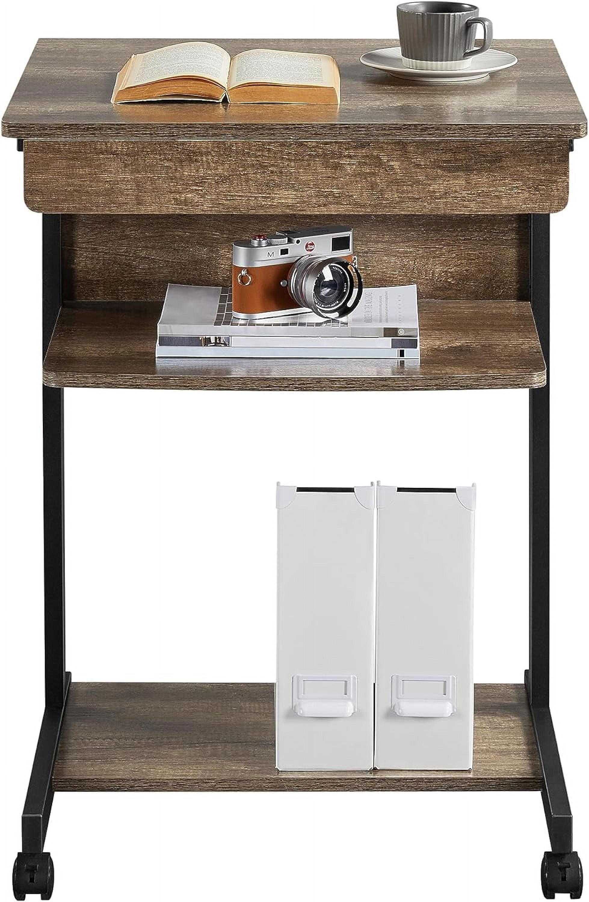 NIUMU Small Rolling Computer Desk with Storage Drawer, Rolling Home Office Computer Desk with Keyboard Tray, Laptop Desk with Wheels and Drawer, Taupe Wood