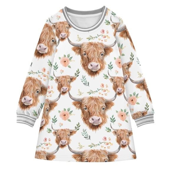 Girls' long-sleeved dress Watercolor Floral Highland Cows Girls' A-line dress with ribbed cuffs Soft and comfortable