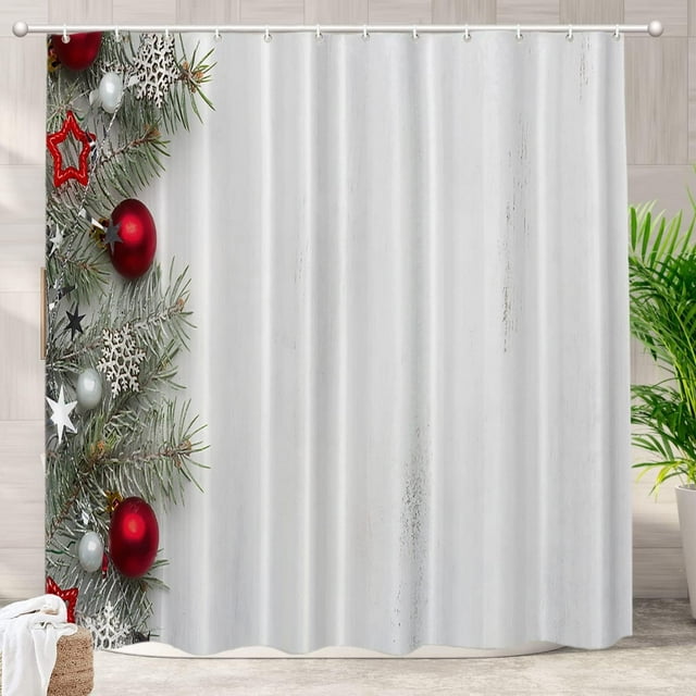 Christmas Decorations Decor Shower Curtain,Fir Branch On Old Wooden Shabby Bathroom Decor Polyester Fiber Plastic Rings Quick-Drying Waterproof for Bathtubs/Bathroom, 72x72 inches