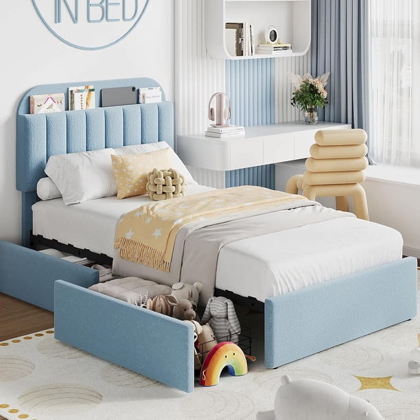 Blue tamaño individual size marco de cama con almacenamiento cabecero y 2 cajones, bouclé forrado cama de plataforma con estante de libros, easy to assemble, no box spring required