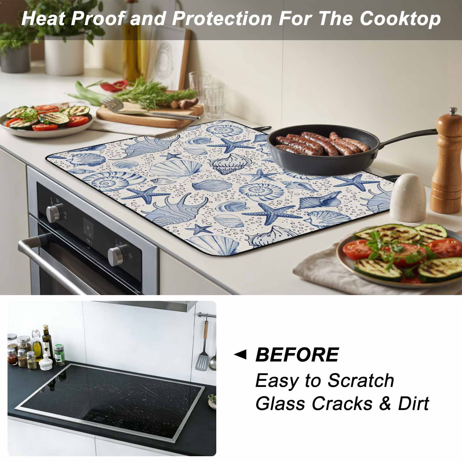 Navy Blue Coastal Stove Top Cover for Electric Stove, Heat-proof & Non Slip Glass Top Stove Cover Protector, Nautical Ocean Shell Starfish Sea Rustic Kitchen Flat Cooktop Rubber Mat 24x21 Inches