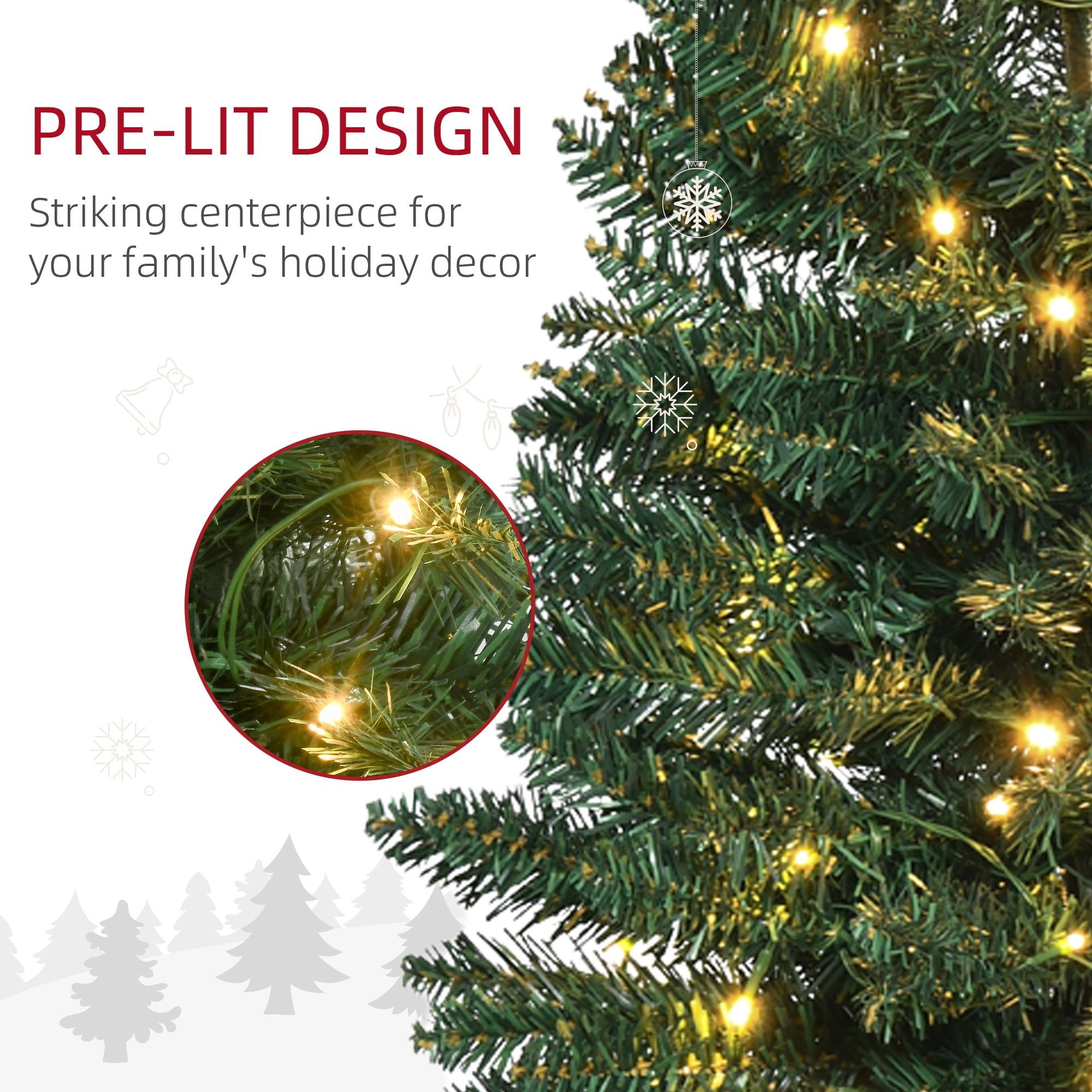 5FT Green Slim Pencil Artificial Christmas Tree, 294-499 PVC Tips with 110-200 Warm White LEDs, Section Design, Flame Retardant, Sturdy Base, Indoor Holiday Decor