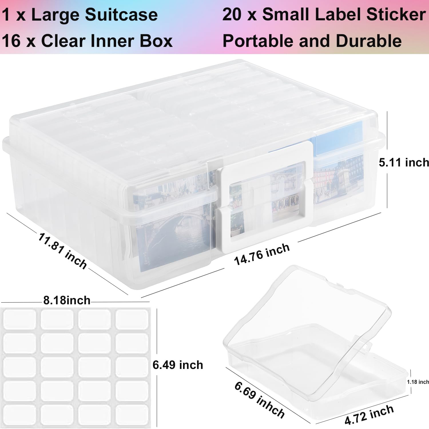 Photo Storage Box with 16 Inner 4" x 6" Photo Case, Portable Storage Organizer with Handle Craft Keeper for Picture, Stickers, Stamps, Screws, Hair Clips, Clear