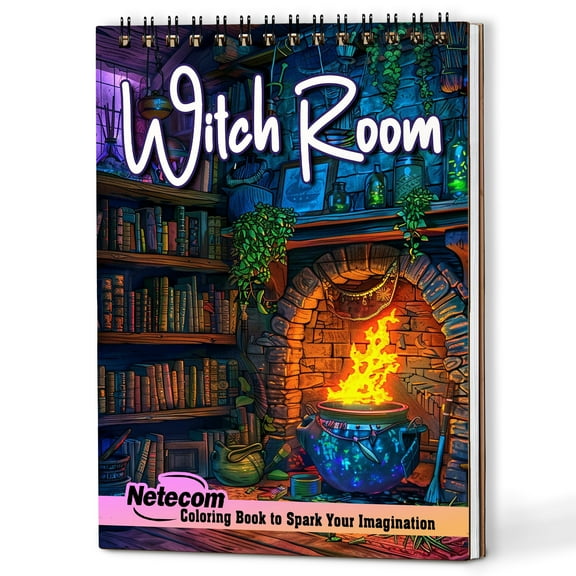 Netecom Witch Room Coloring Book for Adults, A5 Wooden Cover, 30 Magical Coloring Pages of Witchy Interiors Designs for Stress Relief and Relaxation, Spiral Bound Edition