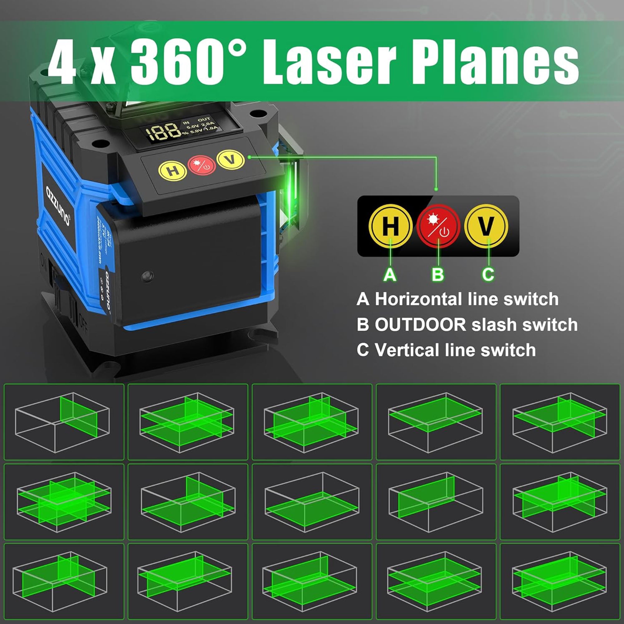 AZZUNO 16 Lines Laser Level 4x360 Degree Laser Level Rechargeable Battery for Construct, Tiling, Tool Gift