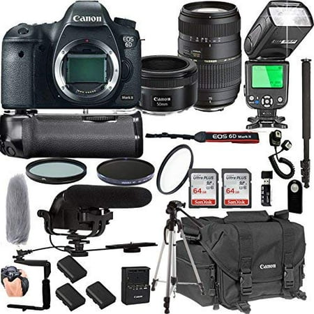 Canon EOS 6D Mark II With 50mm f/1.8 STM Prime Lens + Tamron 70-300mm f/4-5.6 Di LD Macro Lens + 128GB Memory + Pro Battery Bundle + Power Grip + TTL Speed Light + Pro Filters,(24pc