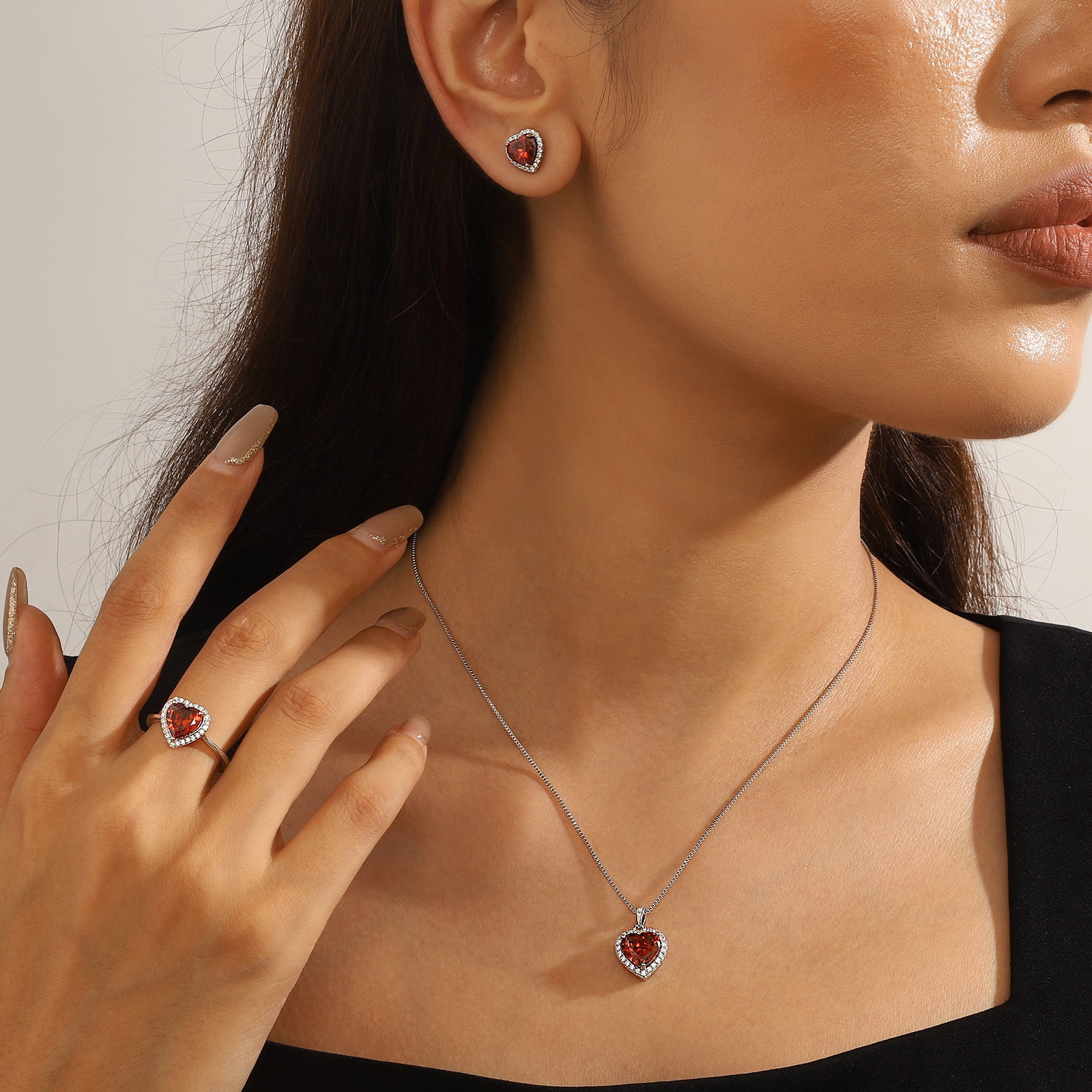 Juwaliy Heart Jewelry Set for Women Necklace Earrings Ring 925 Sterling Silver January Birthstone Garnet Red Mother Christmas Birthday Valentines Gift
