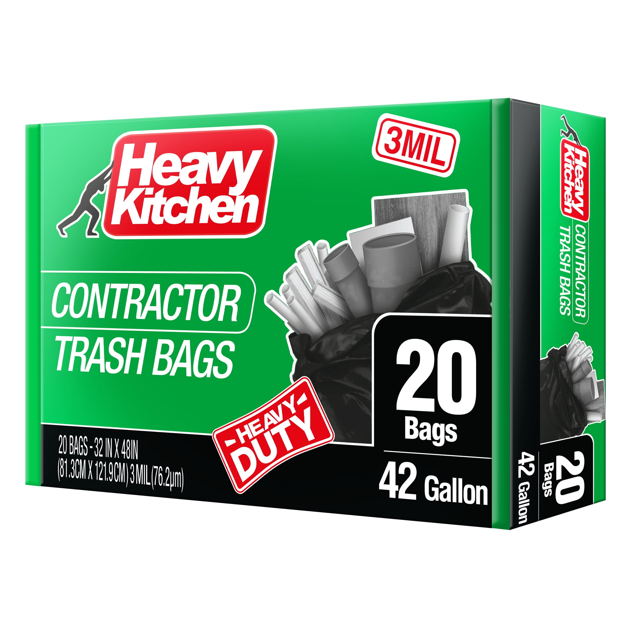Heavy Kitchen 42 Gallon Black Contractor Trash Bag, 20 Bags