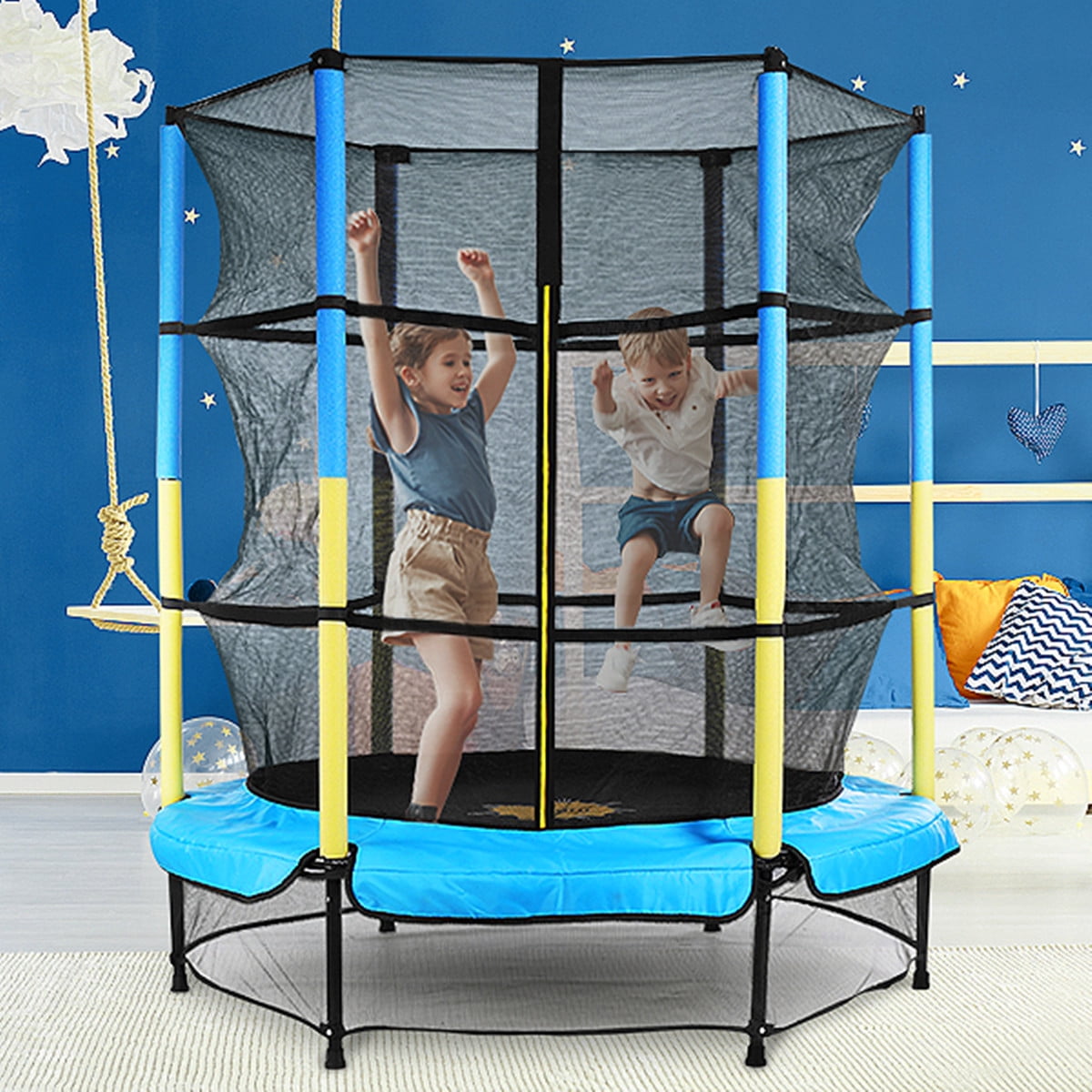 Doufit 56'' Mini Trampoline with Adjustable Handle for 2 Kids Toddler