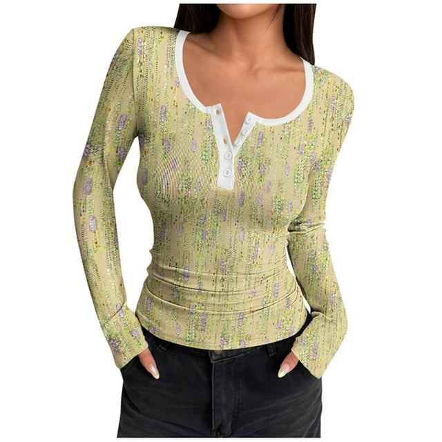 HongQid Women's Long Sleeve Shirts Casual Fall Henley Top Button Down Blouses Basic Ribbed Knit T Shirts