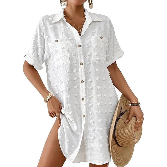 Summer Women's Beach Cover Up Shirt, Casual Button Down Swiss Dot Short Sleeve Swimwear Cover Up Dress, White