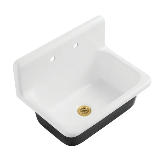 Kingston Brass Petra Galley KGCKWS3020107 Cast Iron Single Bowl Wall Mount Kitchen Sink with 2-Hole Drain and Strainer, White/Brushed Brass