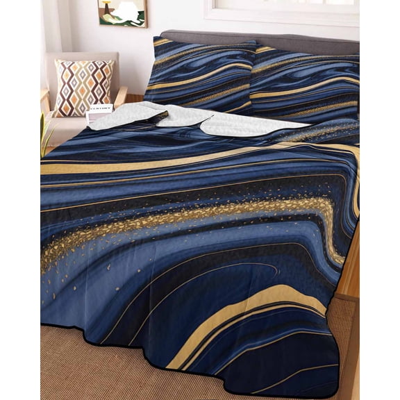 Marble Queen Size Down Alternative Comforter, Lightweight Comforter Quilt Bedding Set with Pillow Shams Navy Blue Modern Abstract Gold Gradual Art All Seasons Bed Comforter Duvet Insert 90"x96"