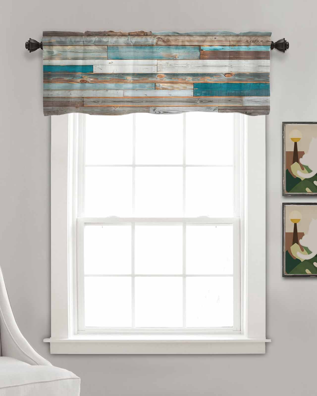 Turquoise Brown Kitchen Valances for Windows Farmhouse Linen Window Valance Curtain for Living Room Window Treatment Vintage Country Ombre Wooden Grain Valance Rod Pocket Topper Drape, 42 x 18 Inch